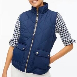 J.Crew Navy Blue Quilted Puffer Vest Zip Pockets Gingham Lined Womens XL